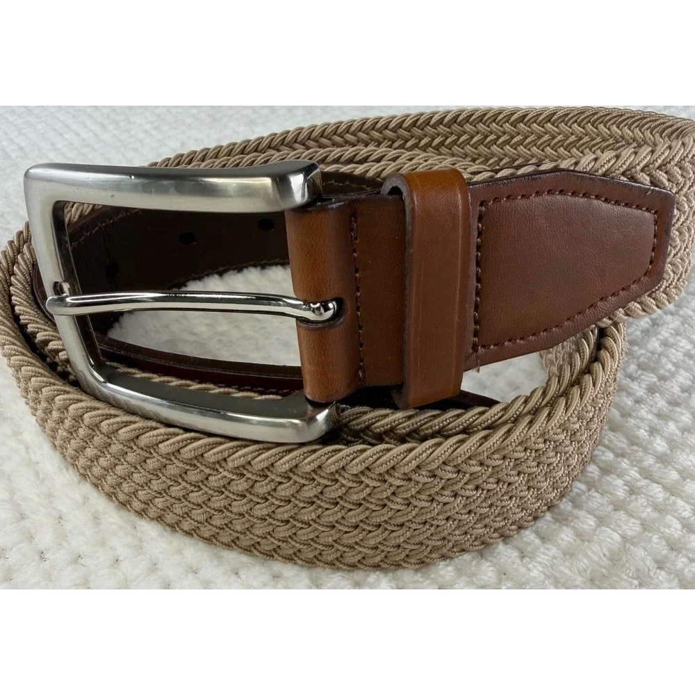 KAG Mens Tan Khaki Woven Braided Stretch Belt Leather Trim Size 44/110 Handcraft